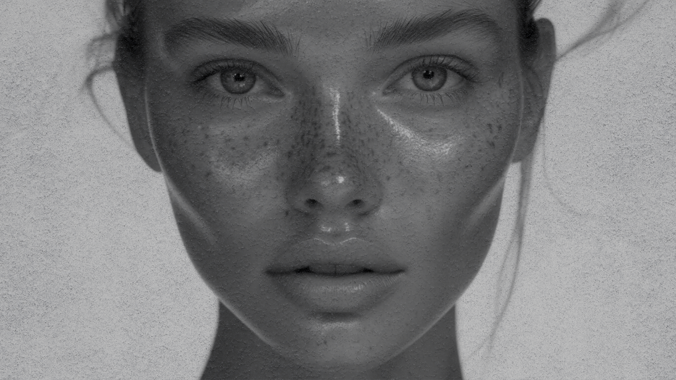 Stylish close-up of a woman's face with freckles